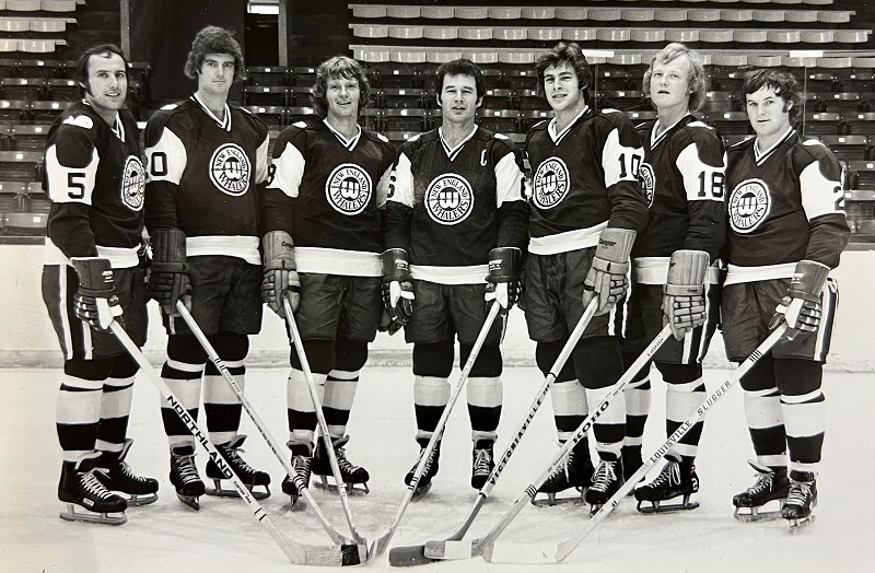 New England Whalers defense (L to R): Paul Hurley, Ric Jordan, Brad Selwood, Ted Green, Jim Dorey, Bob Brown, Rick Ley